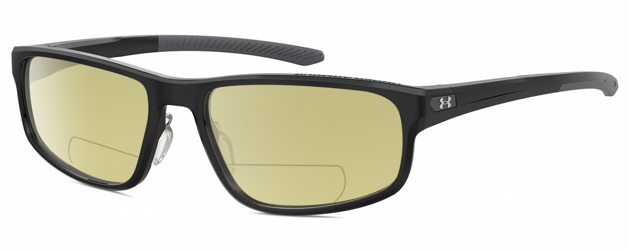 Profile View of Under Armour UA-5014 Designer Polarized Reading Sunglasses with Custom Cut Powered Sun Flower Yellow Lenses in Gloss Black Matte Grey Mens Oval Full Rim Acetate 56 mm