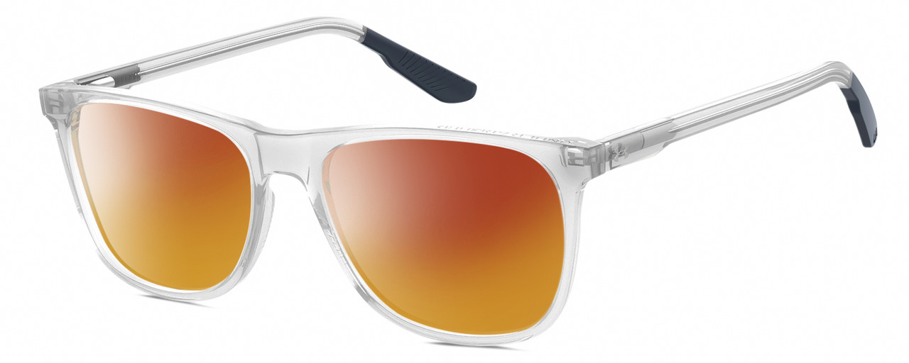 Profile View of Under Armour UA-5018/G Designer Polarized Sunglasses with Custom Cut Red Mirror Lenses in Crystal Grey Navy Blue Unisex Square Full Rim Acetate 54 mm