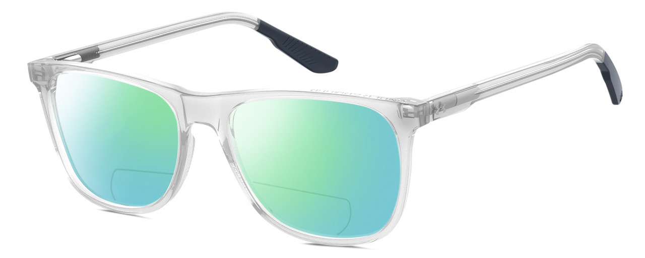 Profile View of Under Armour UA-5018/G Designer Polarized Reading Sunglasses with Custom Cut Powered Green Mirror Lenses in Crystal Grey Navy Blue Unisex Square Full Rim Acetate 54 mm