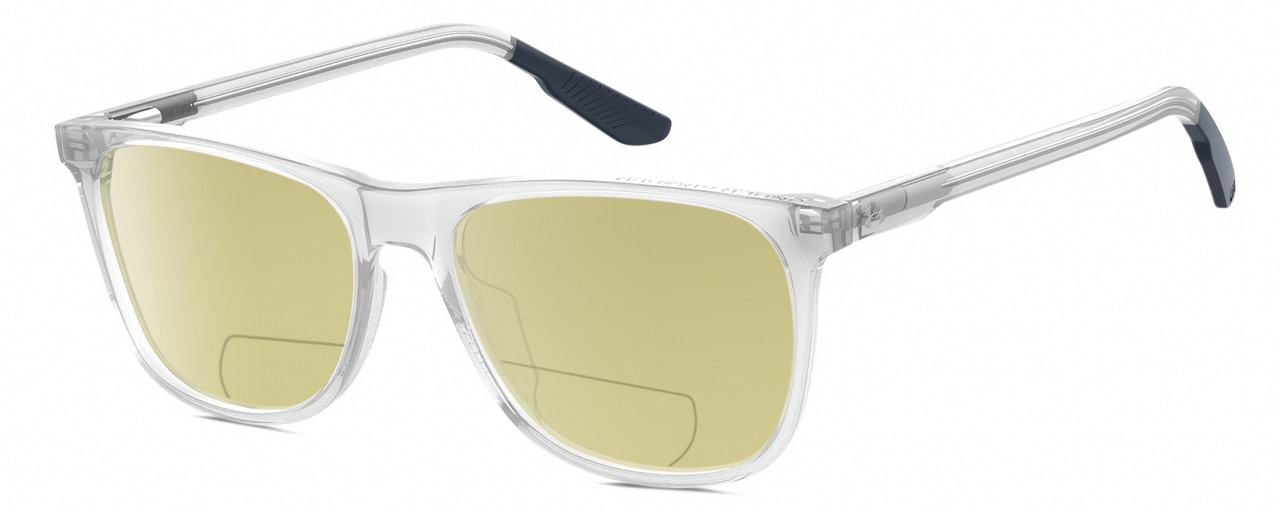 Profile View of Under Armour UA-5018/G Designer Polarized Reading Sunglasses with Custom Cut Powered Sun Flower Yellow Lenses in Crystal Grey Navy Blue Unisex Square Full Rim Acetate 54 mm