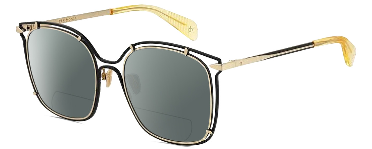 Profile View of Rag&Bone 1023 Designer Polarized Reading Sunglasses with Custom Cut Powered Smoke Grey Lenses in Gold Matte Black Yellow Crystal Ladies Square Semi-Rimless Metal 56 mm