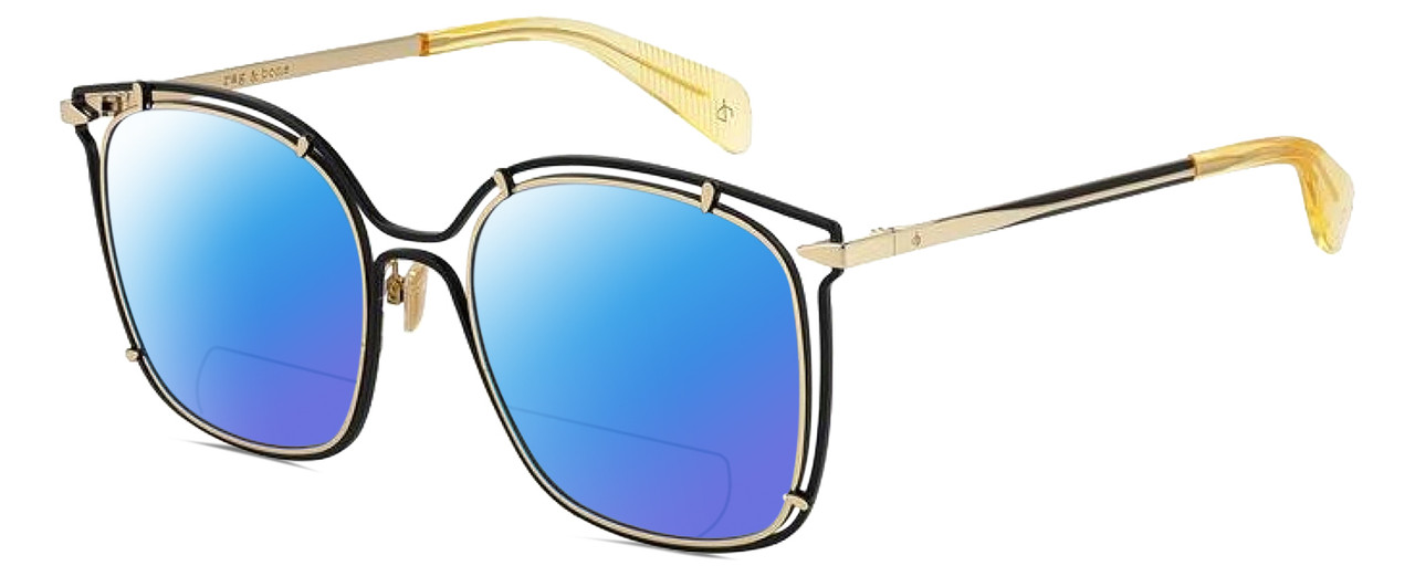 Profile View of Rag&Bone 1023 Designer Polarized Reading Sunglasses with Custom Cut Powered Blue Mirror Lenses in Gold Matte Black Yellow Crystal Ladies Square Semi-Rimless Metal 56 mm