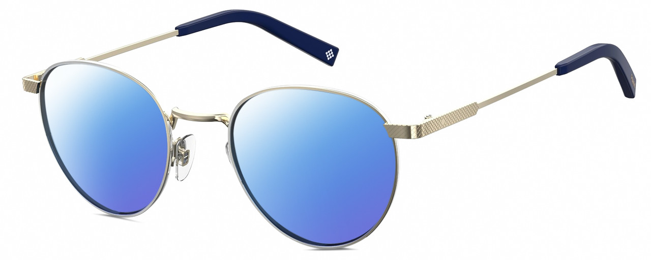 Profile View of Polaroid 2082/S/X Designer Polarized Sunglasses with Custom Cut Blue Mirror Lenses in Light Gold Navy Blue Unisex Panthos Full Rim Metal 49 mm