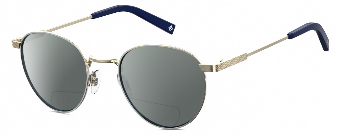 Profile View of Polaroid 2082/S/X Designer Polarized Reading Sunglasses with Custom Cut Powered Smoke Grey Lenses in Light Gold Navy Blue Unisex Panthos Full Rim Metal 49 mm