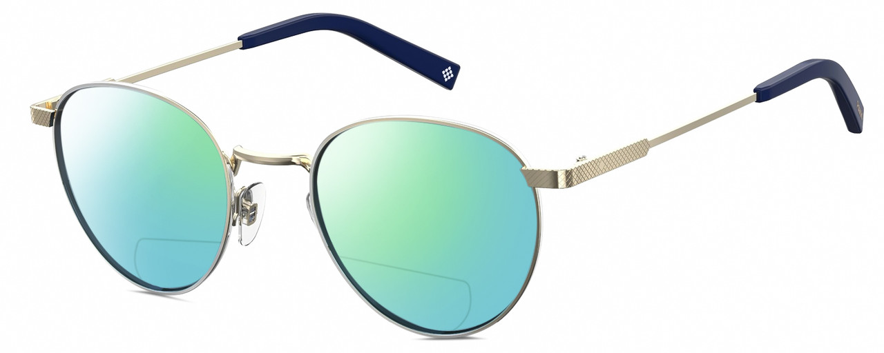 Profile View of Polaroid 2082/S/X Designer Polarized Reading Sunglasses with Custom Cut Powered Green Mirror Lenses in Light Gold Navy Blue Unisex Panthos Full Rim Metal 49 mm