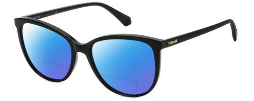 Profile View of Polaroid 4100/F/S Designer Polarized Reading Sunglasses with Custom Cut Powered Blue Mirror Lenses in Gloss Black Gemstone Crystal Accents Ladies Cat Eye Full Rim Acetate 59 mm