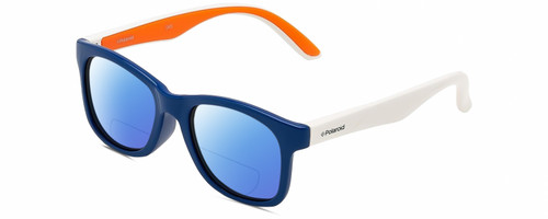 Profile View of Polaroid Kids 8001/S Designer Polarized Reading Sunglasses with Custom Cut Powered Blue Mirror Lenses in Sapphire Blue White Neon Orange Unisex Panthos Full Rim Acetate 48 mm