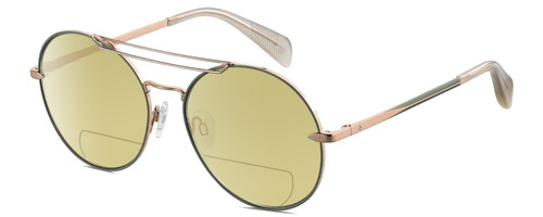 Profile View of Rag&Bone 1011 Designer Polarized Reading Sunglasses with Custom Cut Powered Sun Flower Yellow Lenses in Rose Gold Green Grey Crystal Ladies Pilot Full Rim Metal 59 mm