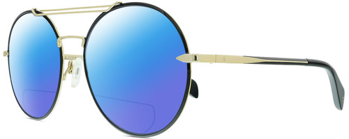 Profile View of Rag&Bone 1011 Designer Polarized Reading Sunglasses with Custom Cut Powered Blue Mirror Lenses in Gold Black Ladies Pilot Full Rim Metal 59 mm