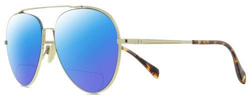 Profile View of Rag&Bone 1036 Designer Polarized Reading Sunglasses with Custom Cut Powered Blue Mirror Lenses in Light Gold Tortoise Havana Unisex Pilot Full Rim Metal 58 mm