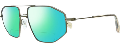 Profile View of Rag&Bone 5036 Designer Polarized Reading Sunglasses with Custom Cut Powered Green Mirror Lenses in Antique Gold Light Brown Crystal Mens Pilot Full Rim Metal 57 mm