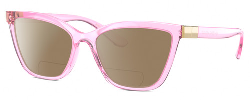 Profile View of Dolce&Gabbana DG5076 Designer Polarized Reading Sunglasses with Custom Cut Powered Amber Brown Lenses in Shiny Pink Crystal Gold Ladies Cat Eye Full Rim Acetate 55 mm