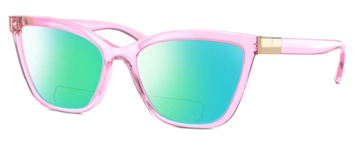 Profile View of Dolce&Gabbana DG5076 Designer Polarized Reading Sunglasses with Custom Cut Powered Green Mirror Lenses in Shiny Pink Crystal Gold Ladies Cat Eye Full Rim Acetate 55 mm