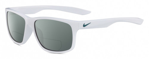 Profile View of NIKE Essent-Chaser-103 Designer Polarized Reading Sunglasses with Custom Cut Powered Smoke Grey Lenses in Gloss White Metallic Green Unisex Square Full Rim Acetate 59 mm