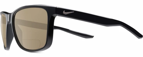 Profile View of NIKE Essent-Endvor-EV1122-001 Designer Polarized Reading Sunglasses with Custom Cut Powered Amber Brown Lenses in Gloss Black Silver Unisex Panthos Full Rim Acetate 57 mm
