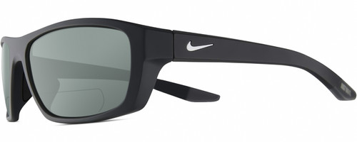 Profile View of NIKE Brazn-Boost-P-CT8177-060 Designer Polarized Reading Sunglasses with Custom Cut Powered Smoke Grey Lenses in Matte Anthracite Grey White Mens Rectangular Full Rim Acetate 57 mm