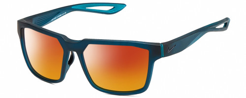 Profile View of NIKE Fleet-R-EV099-442 Designer Polarized Sunglasses with Custom Cut Red Mirror Lenses in Matte Navy Blue Turquoise Mens Square Full Rim Acetate 55 mm