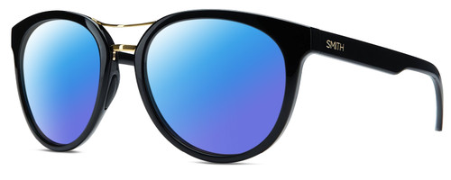 Profile View of Smith Optics Bridgetown Designer Polarized Sunglasses with Custom Cut Blue Mirror Lenses in Gloss Black Gold Ladies Panthos Full Rim Acetate 54 mm