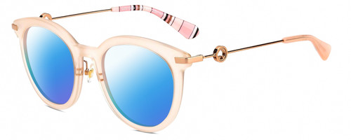 Profile View of Kate Spade KEESEY Designer Polarized Sunglasses with Custom Cut Blue Mirror Lenses in Gloss Blush Pink Crystal Rose Gold Black Stripes Ladies Cat Eye Full Rim Acetate 53 mm