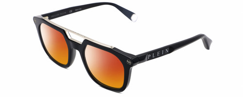 Profile View of Philipp Plein SPP001M Designer Polarized Sunglasses with Custom Cut Red Mirror Lenses in Gloss Black Silver Unisex Square Full Rim Acetate 51 mm