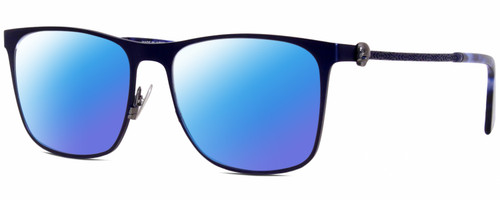 Profile View of John Varvatos V182 Designer Polarized Sunglasses with Custom Cut Blue Mirror Lenses in Matte Navy Blue Gunmetal Skull Accents Unisex Square Full Rim Metal 55 mm