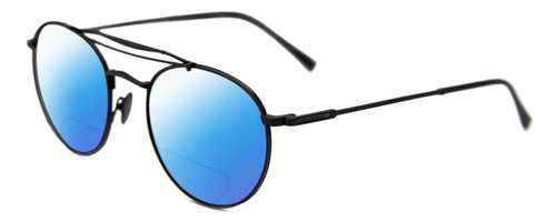 Profile View of John Varvatos V547 Designer Polarized Reading Sunglasses with Custom Cut Powered Blue Mirror Lenses in Matte Black Unisex Pilot Full Rim Metal 52 mm