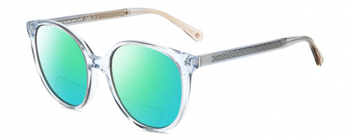 Profile View of Kate Spade KIMBERLYN/G/S PJP Designer Polarized Reading Sunglasses with Custom Cut Powered Green Mirror Lenses in Sky Blue Crystal Ladies Round Full Rim Acetate 56 mm