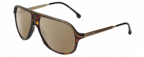 Profile View of Carrera SAFARI 65 Designer Polarized Reading Sunglasses with Custom Cut Powered Amber Brown Lenses in Havana Tortoise Brown Gold Black Unisex Pilot Full Rim Acetate 62 mm