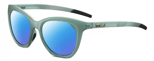 Profile View of Bolle PRIZE Designer Polarized Sunglasses with Custom Cut Blue Mirror Lenses in Matte Frost Green Grey Crystal Ladies Cat Eye Full Rim Acetate 51 mm