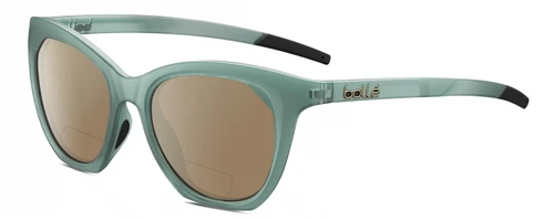 Profile View of Bolle PRIZE Designer Polarized Reading Sunglasses with Custom Cut Powered Amber Brown Lenses in Matte Frost Green Grey Crystal Ladies Cat Eye Full Rim Acetate 51 mm