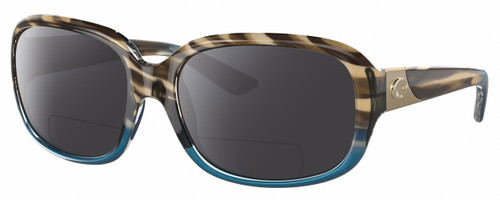 Profile View of Costa Del Mar Gannet Designer Polarized Reading Sunglasses with Custom Cut Powered Smoke Grey Lenses in Shiny Brown Clear Blue Crystal Wahoo Gold Ladies Square Full Rim Acetate 58 mm