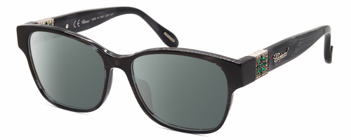 Profile View of Chopard VCH304S-09MS Designer Polarized Sunglasses with Custom Cut Smoke Grey Lenses in Gloss Black Grey Line Pattern/Silver Green Gemstone Flower Accent Ladies Cat Eye Full Rim Acetate 54 mm