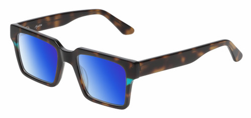 Profile View of Reptile Leatherback Designer Polarized Sunglasses with Custom Cut Blue Mirror Lenses in Brown Tortoise Havana Blue Crystal Unisex Rectangular Full Rim Acetate 52 mm