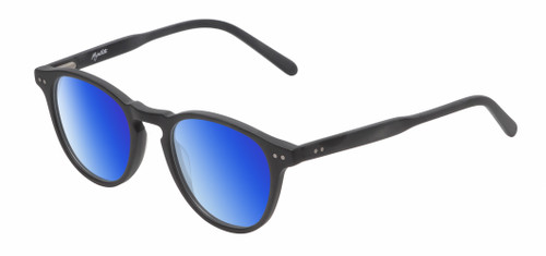 Profile View of Reptile Mata Designer Polarized Sunglasses with Custom Cut Blue Mirror Lenses in Matte Black Unisex Panthos Full Rim Acetate 47 mm