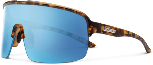 Profile View of Suncloud Amplify Polarized Shield Semi-Rimless Sunglasses Unisex Acetate 149 mm in Tortoise Havana & Aqua Blue Mirror