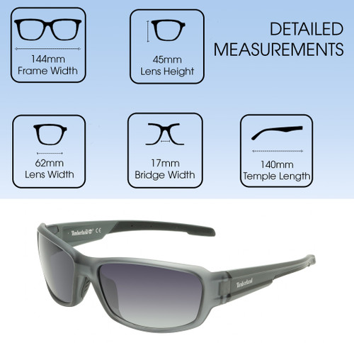 Dimensions and Measurements Illustration of Timberland TB7231 Unisex Oval Full Rim Designer Sunglasses in Grey/Smoke Grey Polarized 62mm