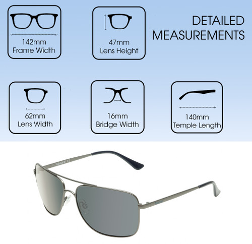 Dimensions and Measurements Illustration of Timberland TB7202 Unisex Pilot Full Rim Designer Sunglasses in Matte Gunmetal Silver/Blue Polarized 62mm