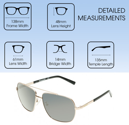 Dimensions and Measurements Illustration of Timberland TB7161 Unisex Pilot Semi-Rimless Designer Sunglasses in Gold/Smoke Grey Polarized 61mm