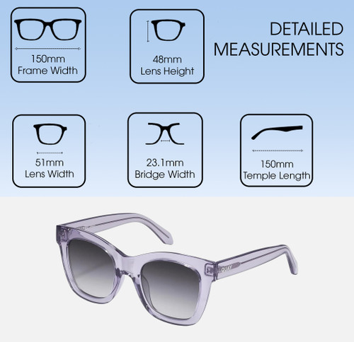 Dimensions and Measurements Illustration of QUAY After Hours Women CatEye Polarized Sunglasses Sweet Pea Lilac 51mm 10 OPTIONS