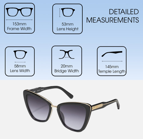 Dimensions and Measurements Illustration of QUAY All Talk Women's Cat Eye Polarized BI-FOCAL Sunglasses in Gloss Black 58 mm
