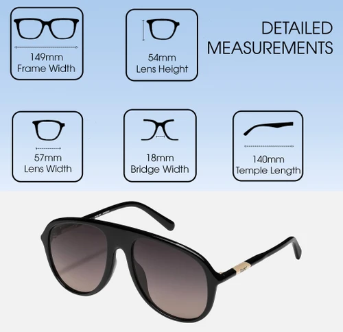 Dimensions and Measurements Illustration of QUAY Chart Topper Mens Pilot Polarized Sunglasses Gloss Black 57mm 4 LENS OPTIONS