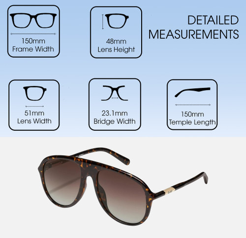 Dimensions and Measurements Illustration of QUAY Chart Topper Mens Pilot Polarized BI-FOCAL Sunglasses in Dark Brown Tortoise 57mm