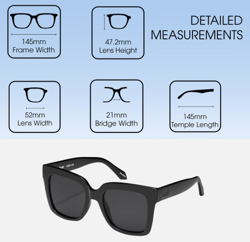 Dimensions and Measurements Illustration of QUAY Icy Women's Square Polarized Sunglasses Gloss Black 52 mm CHOOSE LENS COLOR