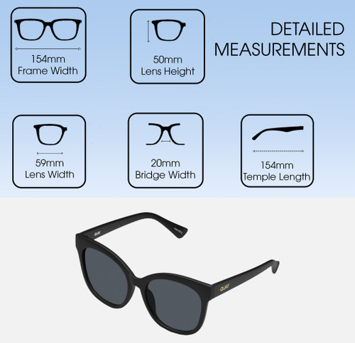 Dimensions and Measurements Illustration of QUAY It's My Way Women's Designer Cat Eye Polarized Sunglasses Matte Black 59 mm