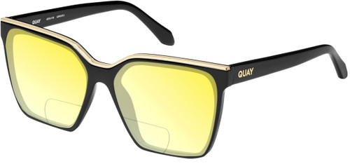 Profile View of QUAY Australia Level Up Designer Polarized Reading Sunglasses with Custom Cut Powered Sun Flower Yellow Lenses in Matte Black Ladies Square Full Rim Acetate 60 mm