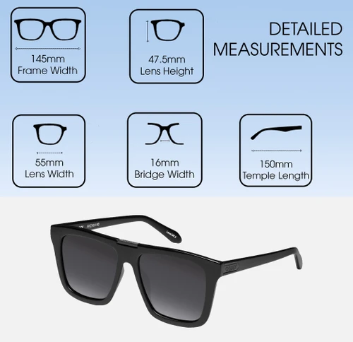 Dimensions and Measurements Illustration of QUAY Name Drop Unisex Square Polarized Sunglasses Gloss Black 55mm 4 LENS OPTIONS