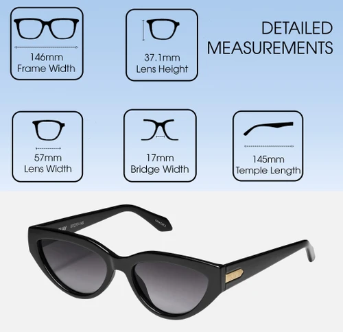 Dimensions and Measurements Illustration of QUAY Australia Narrow Down Women's Cat Eye Sunglasses in Gloss Black/Black 57 mm