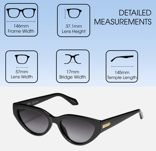 Dimensions and Measurements Illustration of QUAY Narrow Down Women's Cat Eye Polarized BI-FOCAL Sunglasses Gloss Black 57 mm