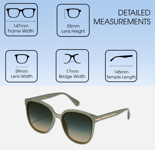 Dimensions and Measurements Illustration of QUAY Rent Free Women Panthos Polarized Sunglasses Jade Green 59mm 4 LENS OPTIONS