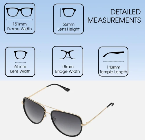 Dimensions and Measurements Illustration of QUAY Australia All In Unisex Pilot Designer Sunglasses Black Gold/Smoke Grey 61mm